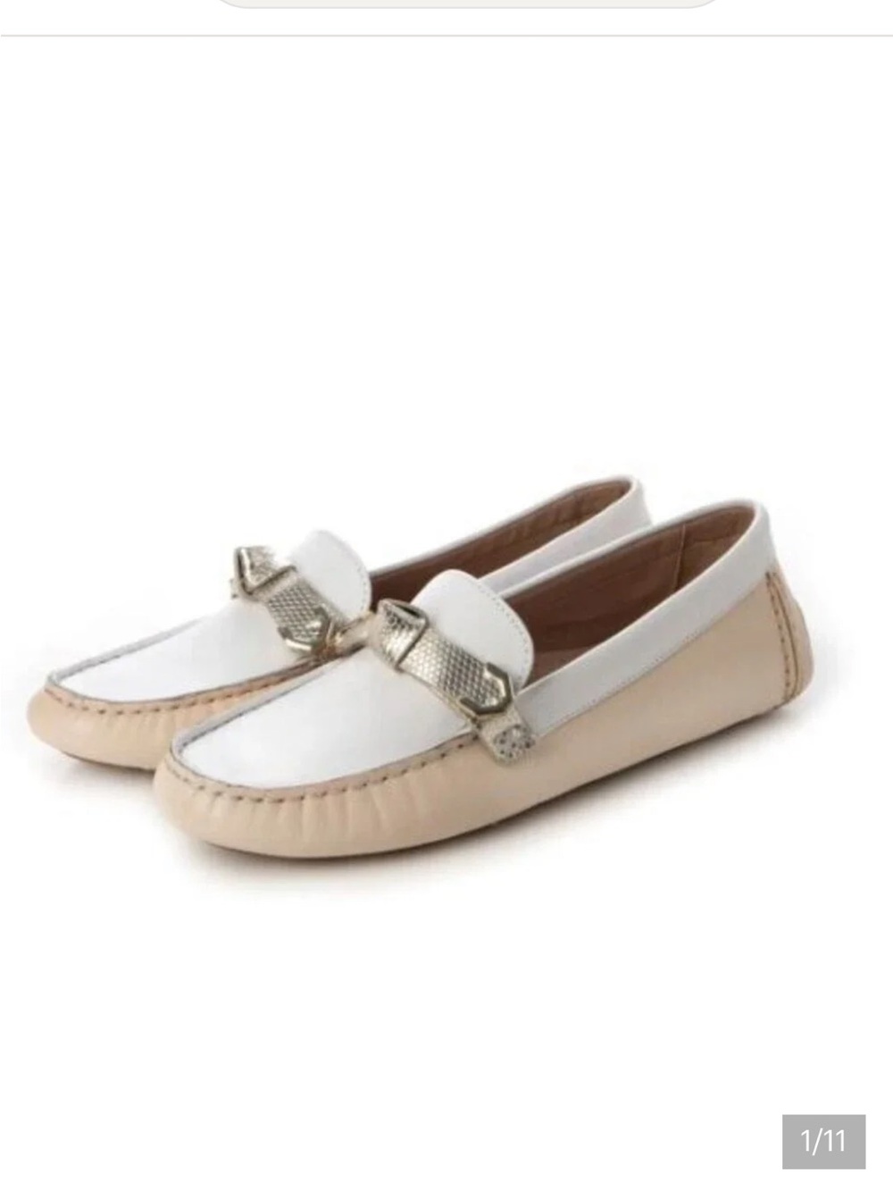 Cole Haan Women’s Leather Academia Cream Leather Driver Loafers Gold Accents